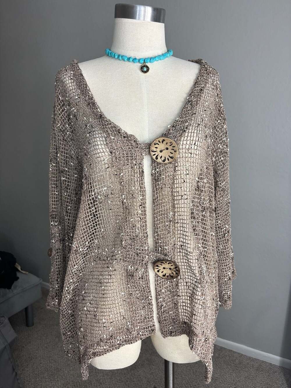 Nina Leonard Brown Speckled Mesh Open-Front Cardigan with Coconut Buttons